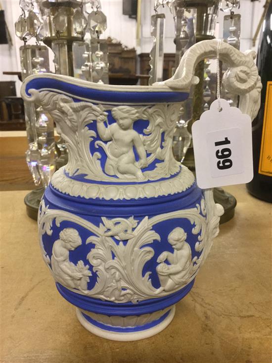 Pair of Victorian lustre vases, and a blue and white jug